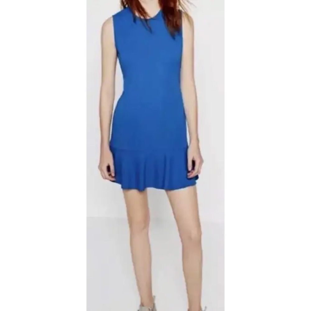Zara NWT Electric Blue Open Back Dress with Ruffle and Frill Skirt Hem Small